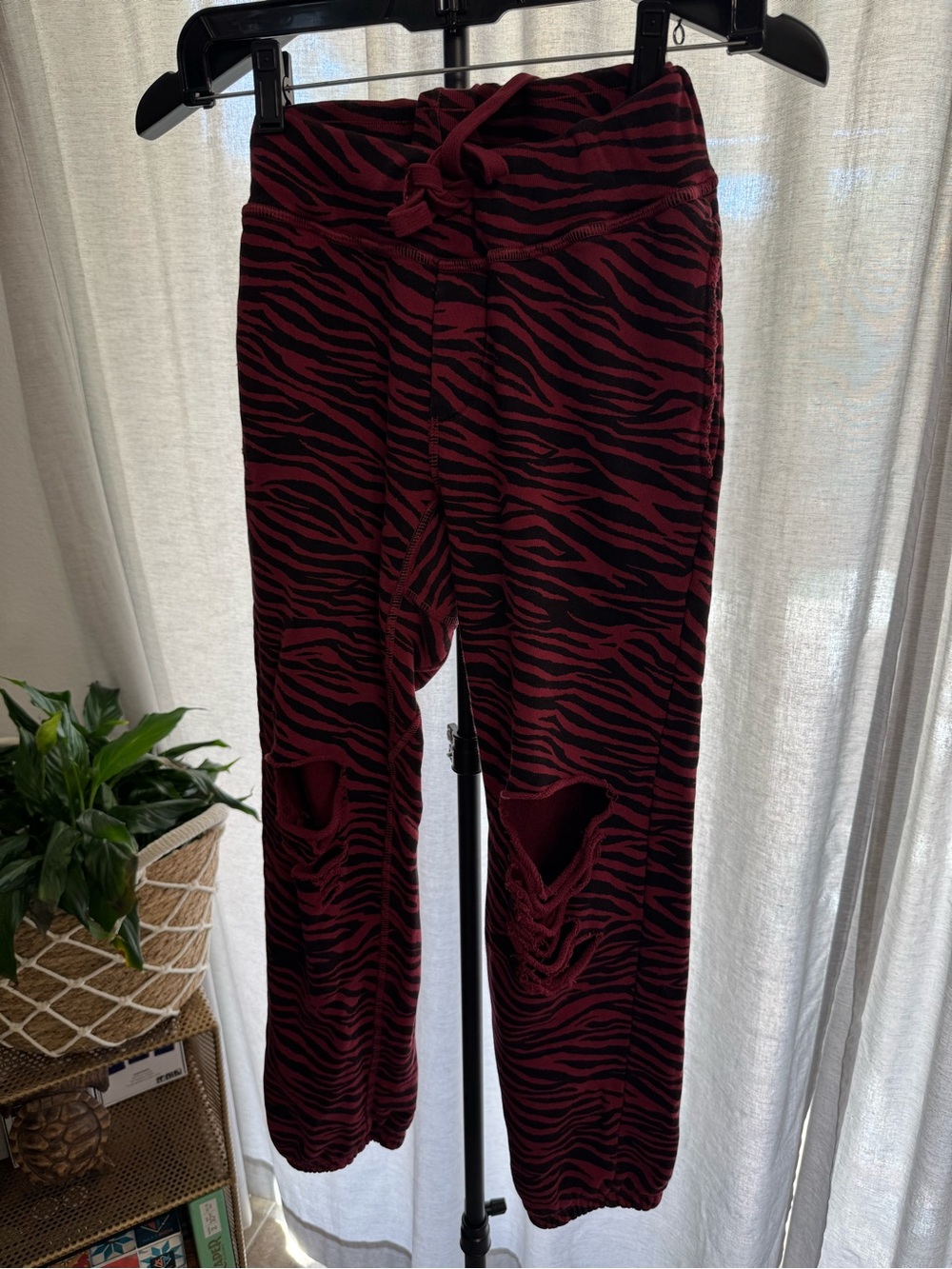 NSF Black and Burgundy Zebra-Print Joggers with Knee Distress